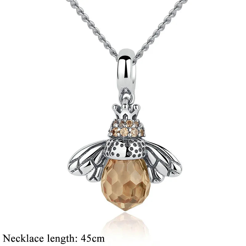 BAMOER 925 Sterling Silver Lovely Orange Bee Insect Pendant Necklace for Women 14K Gold Plated Jewelry Birthday Gift 2 Colors