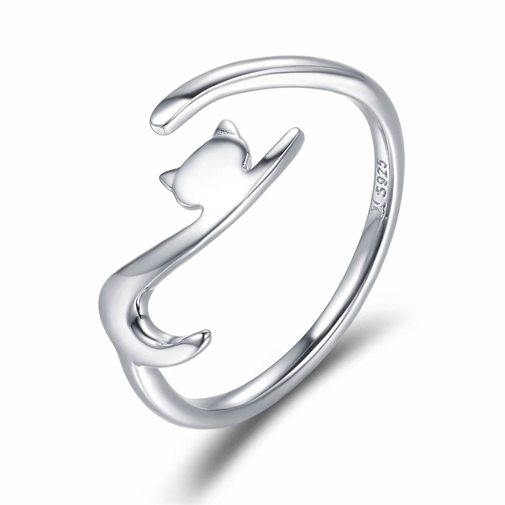 BAMOER 100% 925 Sterling Silver Sticky Cat with Long Tail Finger Ring Women Ring Adjustable Engagement Ring Jewelry SCR220