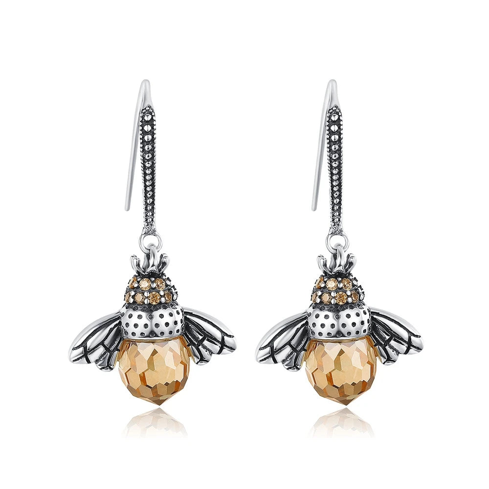 Bamoer Hot Sale 925 Sterling Silver Yellow Bee Drop Earrings for Women Lovely Insect Earrings Fine Jewelry Gift SCE149