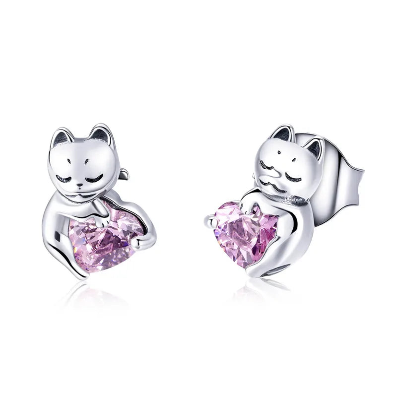 WOSTU Real 100% 925 Sterling Silver Lovely Cat Pet Stud Earrings For Women S925 Silver Earring Fashion Jewelry Gift FIE073