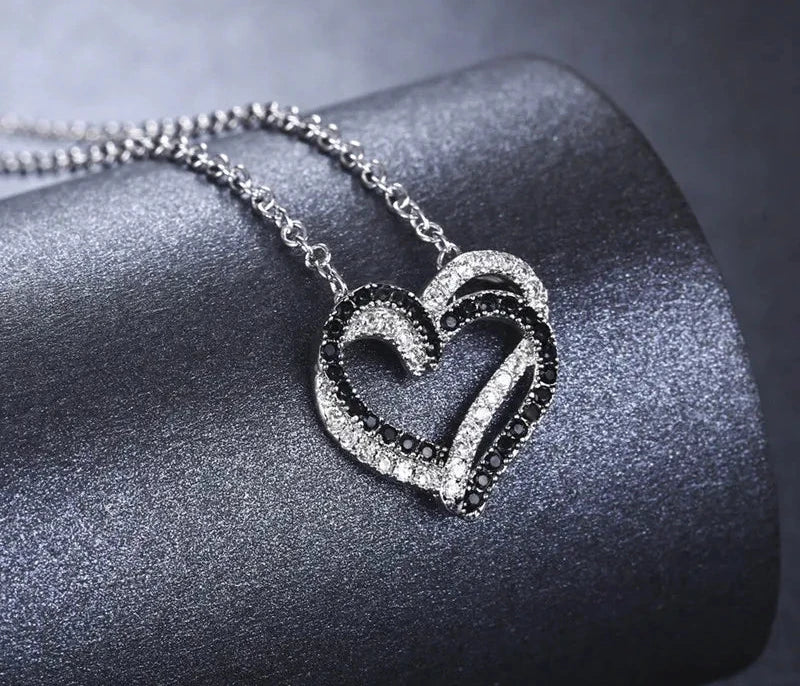 Black Awn Silver Color Necklace Women Jewelry Heart Black&White Stone Pendants P107