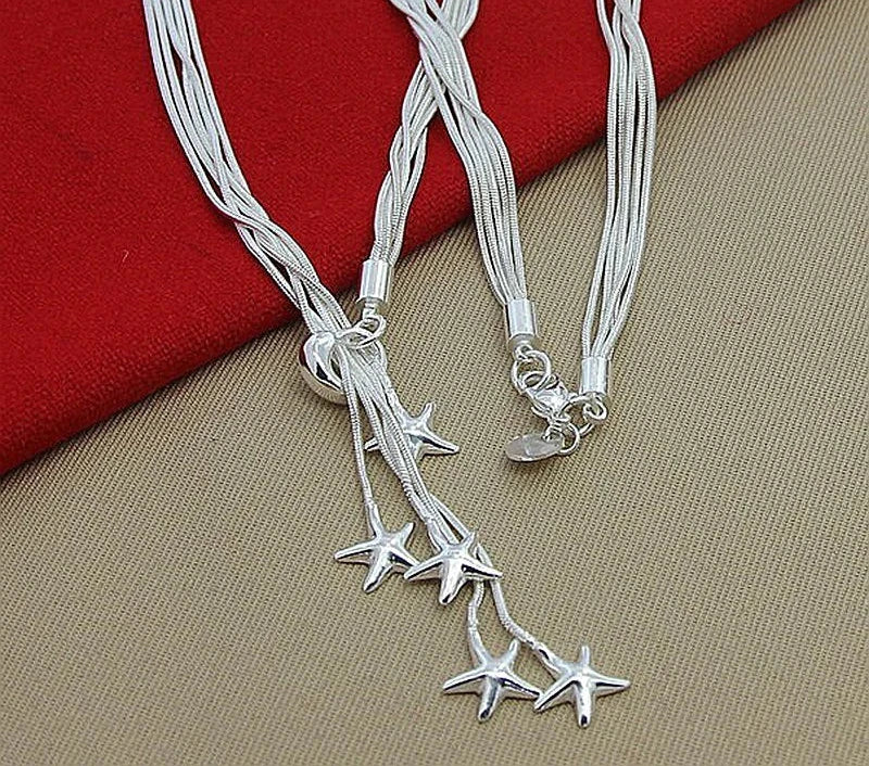 DOTEFFIL 925 Sterling Silver Five Snake Chain Starfish Necklace For Women Wedding Engagement Fashion Jewelry