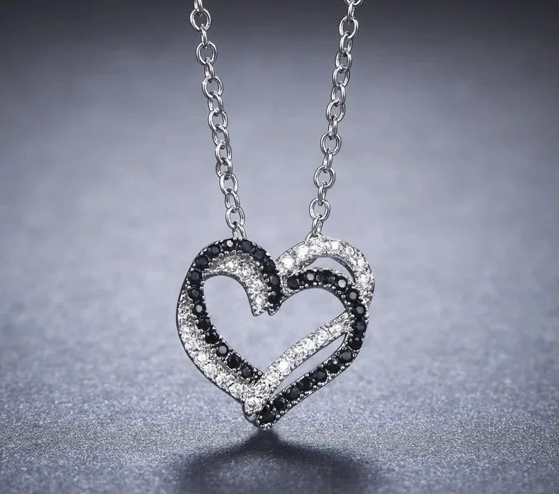 Black Awn Silver Color Necklace Women Jewelry Heart Black&White Stone Pendants P107