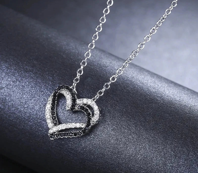 Black Awn Silver Color Necklace Women Jewelry Heart Black&White Stone Pendants P107