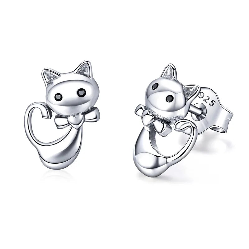 WOSTU Real 100% 925 Sterling Silver Lovely Cat Pet Stud Earrings For Women S925 Silver Earring Fashion Jewelry Gift FIE073