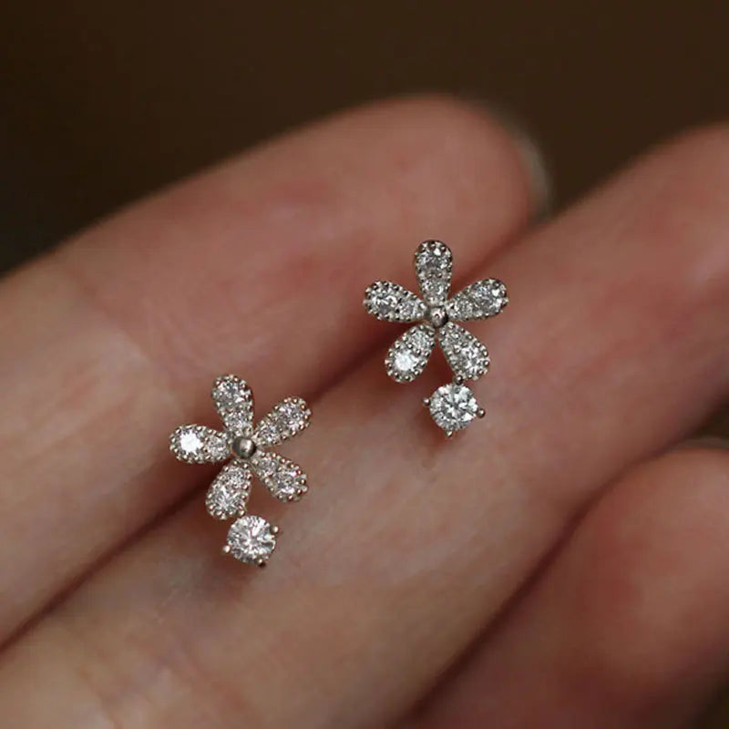 925 Sterling Silver Shiny Crystal Flower Stud Earrings Women Cute Elegant Party Wedding Jewelry Accessories Girlfriend Gifts