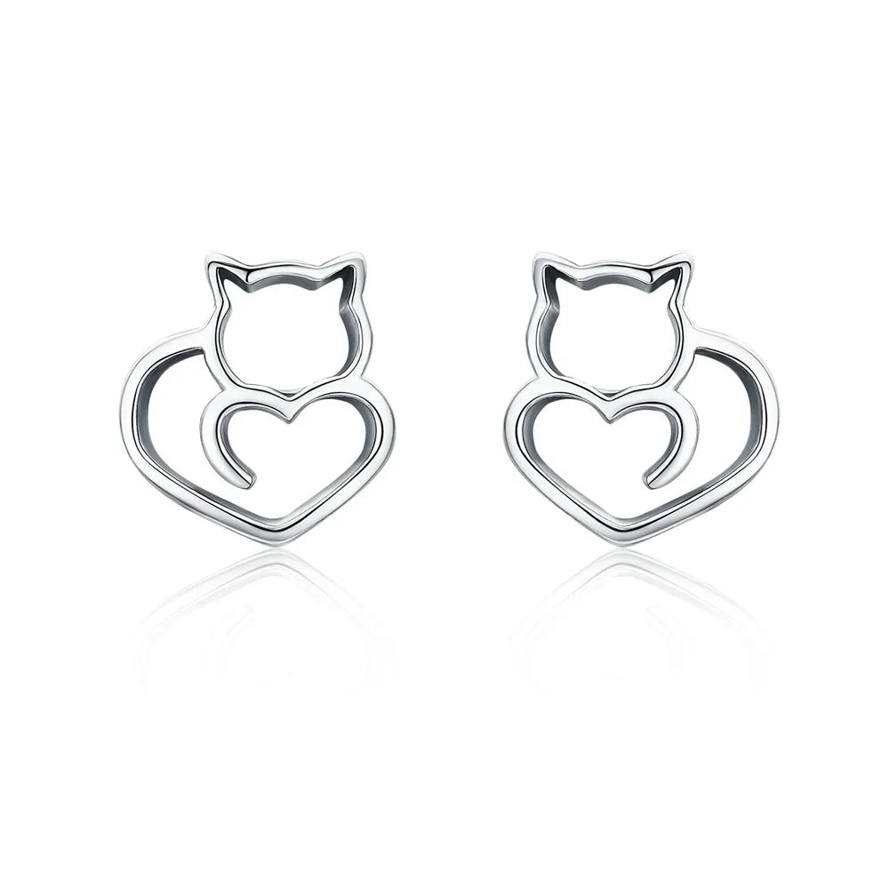WOSTU Real 100% 925 Sterling Silver Lovely Cat Pet Stud Earrings For Women S925 Silver Earring Fashion Jewelry Gift FIE073
