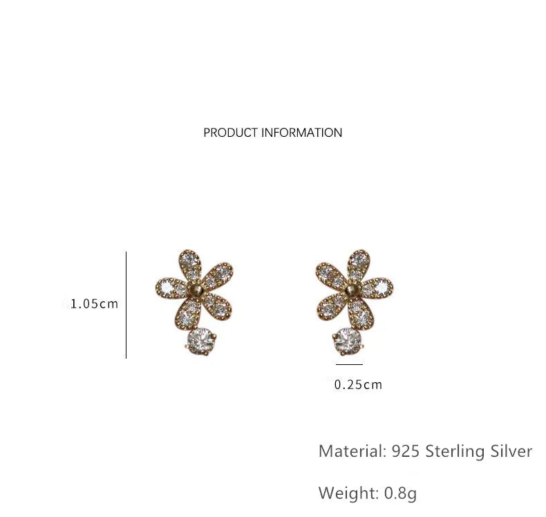 925 Sterling Silver Shiny Crystal Flower Stud Earrings Women Cute Elegant Party Wedding Jewelry Accessories Girlfriend Gifts