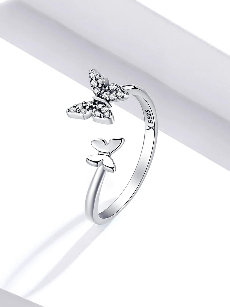 BAMOER Hot Sale 925 Sterling Silver Dazzling CZ Butterfly Open Finger Ring for Women Fashion Sterling Silver Jewelry Gift SCR087