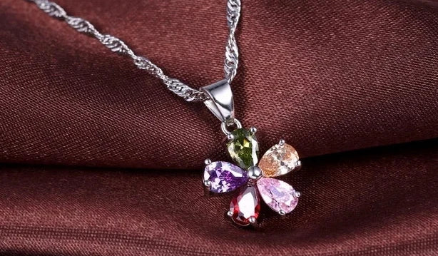 Shinning Flower Colorful CZ Crystal Pendant Jewelry Sets 925 Sterling Silver Pendant Necklace + Dangle/Hoop Earring Sets