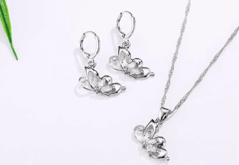 925 Sterling Silver Jewelry Sets for Women Wedding Necklace Pendant Hoop Earrings Elegant Cubic Zirconia Butterfly