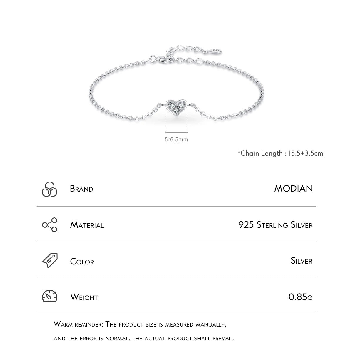 Modian 2023 New Design Real 925 sterling silver Heart CZ Bracelet Fashion Crystal Wedding Lady Classic  Romantic Jewelry
