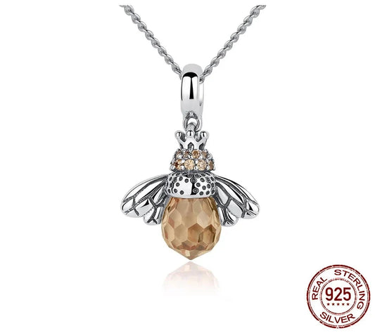 BAMOER 925 Sterling Silver Lovely Orange Bee Insect Pendant Necklace for Women 14K Gold Plated Jewelry Birthday Gift 2 Colors