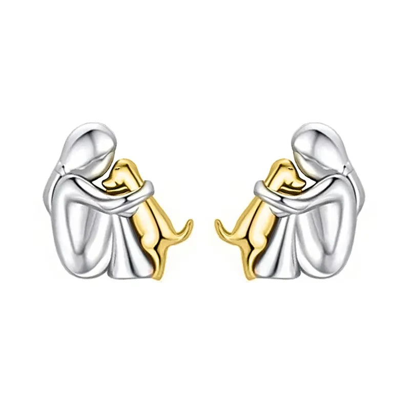 Cute Two Tone Gold Silver Color Women and Dog Stud Earrings Dog Mom Small Hoop Earrings Animal Pet Jewelry