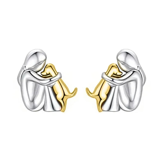 Cute Two Tone Gold Silver Color Women and Dog Stud Earrings Dog Mom Small Hoop Earrings Animal Pet Jewelry