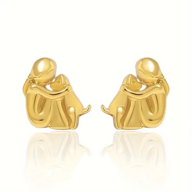 Cute Two Tone Gold Silver Color Women and Dog Stud Earrings Dog Mom Small Hoop Earrings Animal Pet Jewelry