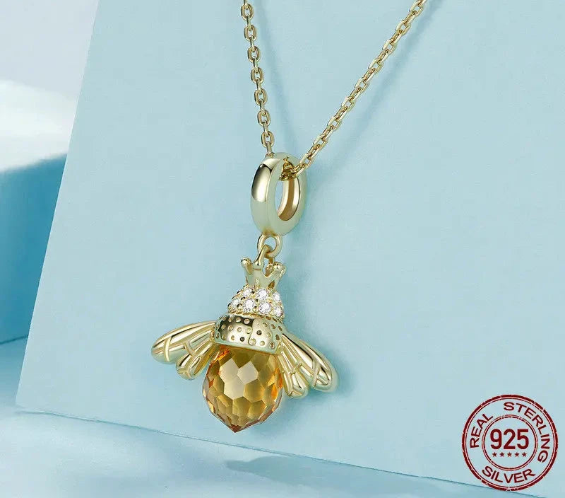 BAMOER 925 Sterling Silver Lovely Orange Bee Insect Pendant Necklace for Women 14K Gold Plated Jewelry Birthday Gift 2 Colors