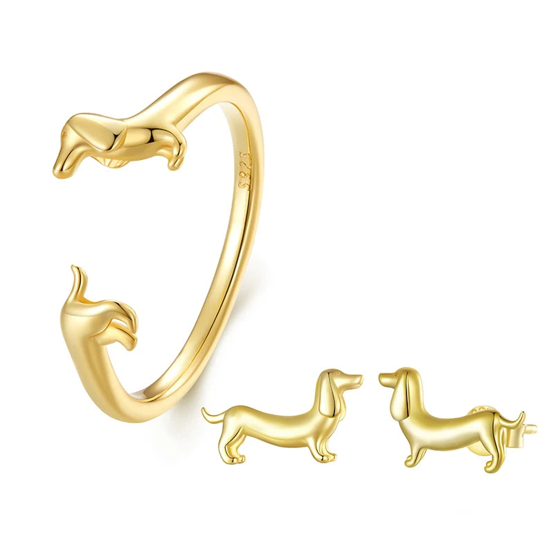 BISAER 925 Sterling Silver Cute Pet Dog Jewelry Set Dachshund Animal Stud Earrings Adjustable Rings for Women Lovely Party Gift
