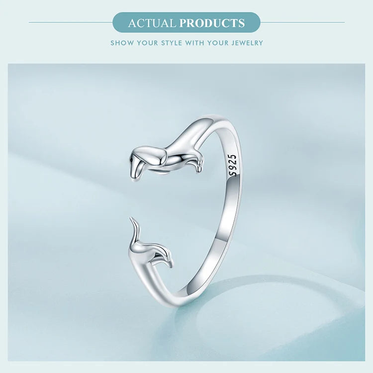 BISAER 925 Sterling Silver Cute Pet Dog Jewelry Set Dachshund Animal Stud Earrings Adjustable Rings for Women Lovely Party Gift