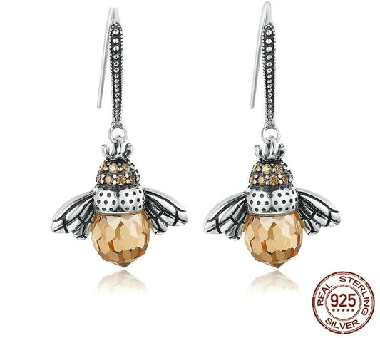 Bamoer Hot Sale 925 Sterling Silver Yellow Bee Drop Earrings for Women Lovely Insect Earrings Fine Jewelry Gift SCE149