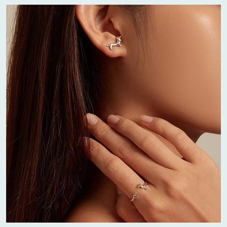 BISAER 925 Sterling Silver Cute Pet Dog Jewelry Set Dachshund Animal Stud Earrings Adjustable Rings for Women Lovely Party Gift