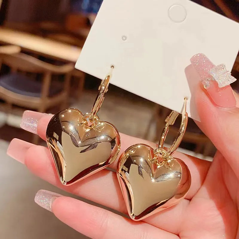 Korean Trend Metal Heart Stud Earrings for Women Punk Elegant Minimalist Smooth Love Eardrops Girl Party Jewelry Couple Gifts