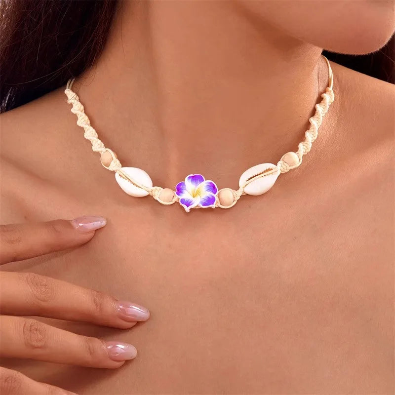 Bohemia Sea Shell Choker Necklace For Women Fashion Summer Sweet Flower Pendant Hand-woven Rope Neck Chain Jewelry Accessory