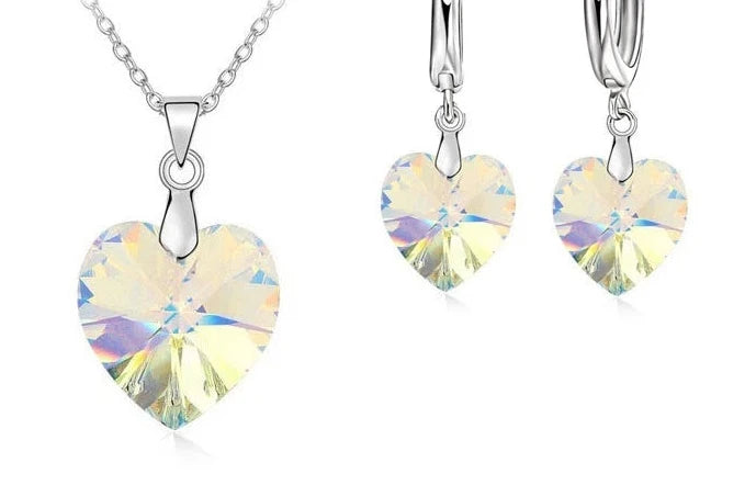 Love Heart Shape Women 925 Sterling Silver Bridal Jewelry Set For Wedding Fashion Crystal Pendants Necklaces Earring Set