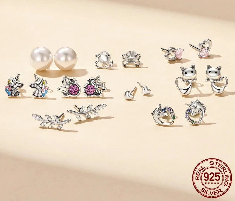 WOSTU Flower Heart Stud Earrings 100% 925 Sterling Silver Pearl Small Earrings For Women Wedding Engagement Jewelry Gifts