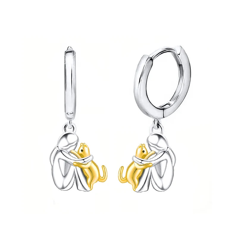 Cute Two Tone Gold Silver Color Women and Dog Stud Earrings Dog Mom Small Hoop Earrings Animal Pet Jewelry