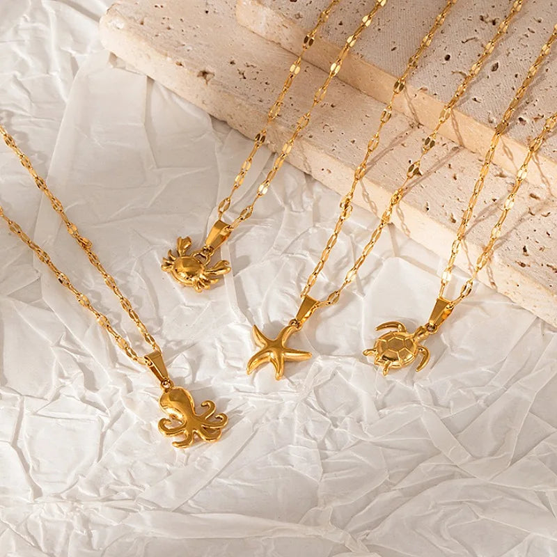 Ocean Style Starfish Sea Turtle Octopus Stainless Steel Pendant Necklace Fashion Gold Plated Summer Beach Jewelry Accessory