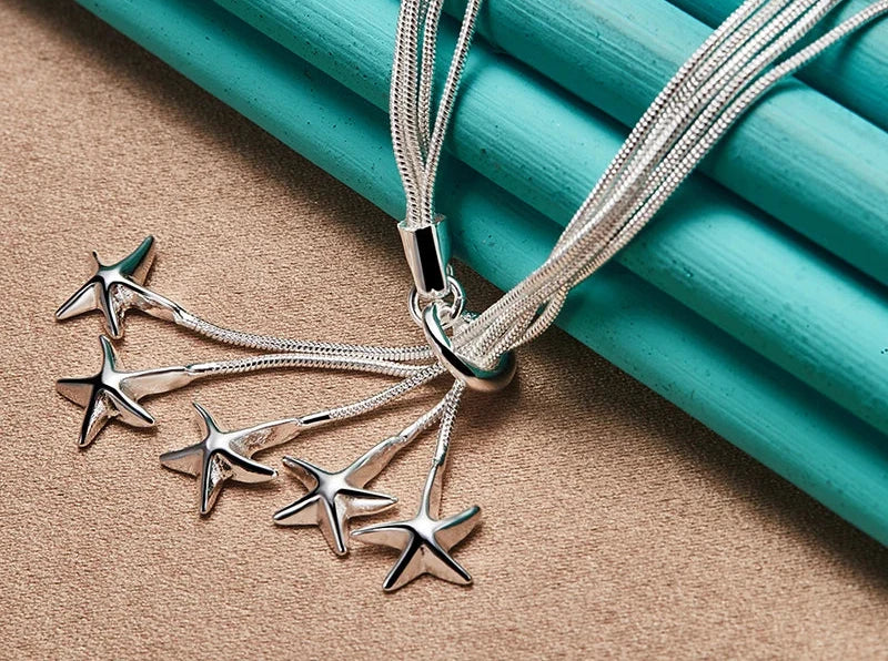 DOTEFFIL 925 Sterling Silver Five Snake Chain Starfish Necklace For Women Wedding Engagement Fashion Jewelry