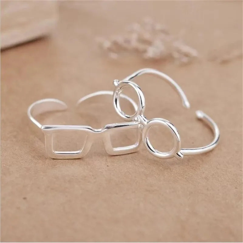 Original Creative Simple Fashion 925 Sterling Silver Round Square Glasses Open Rings For Women Girl Gift XR053