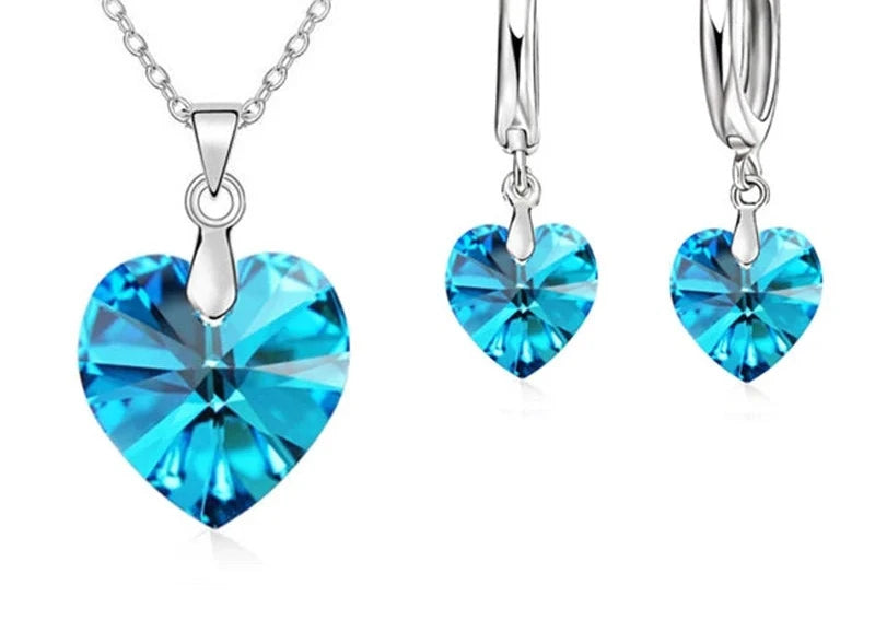 Love Heart Shape Women 925 Sterling Silver Bridal Jewelry Set For Wedding Fashion Crystal Pendants Necklaces Earring Set