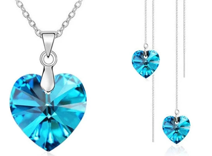 Love Heart Shape Women 925 Sterling Silver Bridal Jewelry Set For Wedding Fashion Crystal Pendants Necklaces Earring Set