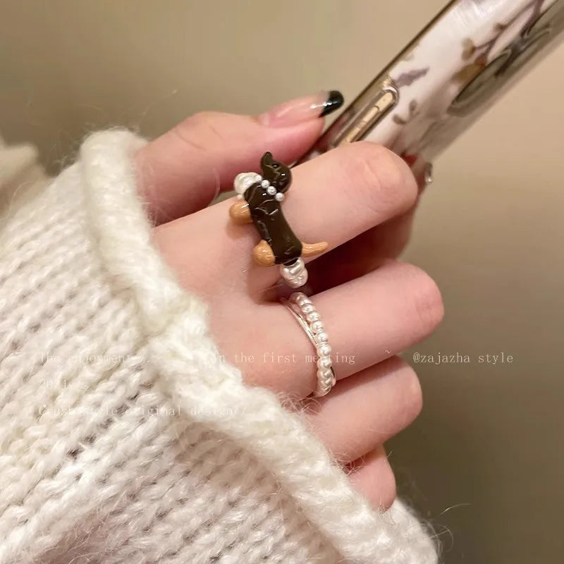Cute Trendy Pearl Beaded Dog Elasticity Rings for Women Creative Design Charm Party Finger Jewelry Accessories Friendship Gift