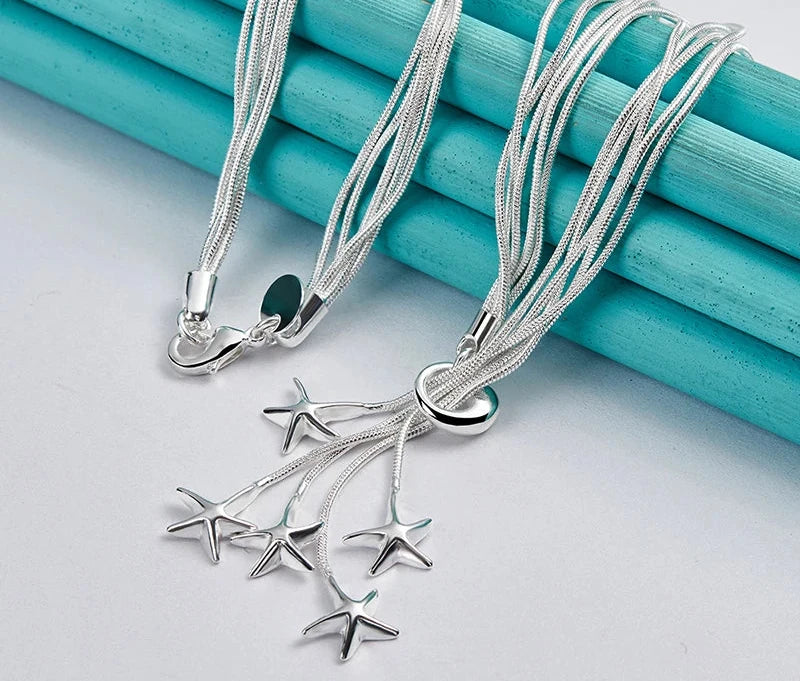 DOTEFFIL 925 Sterling Silver Five Snake Chain Starfish Necklace For Women Wedding Engagement Fashion Jewelry
