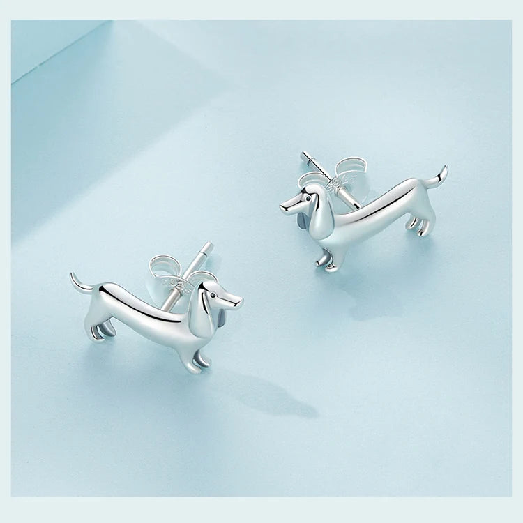 BISAER 925 Sterling Silver Cute Pet Dog Jewelry Set Dachshund Animal Stud Earrings Adjustable Rings for Women Lovely Party Gift