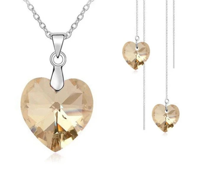 Love Heart Shape Women 925 Sterling Silver Bridal Jewelry Set For Wedding Fashion Crystal Pendants Necklaces Earring Set