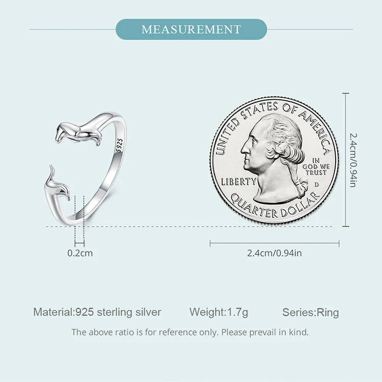 BISAER 925 Sterling Silver Cute Pet Dog Jewelry Set Dachshund Animal Stud Earrings Adjustable Rings for Women Lovely Party Gift