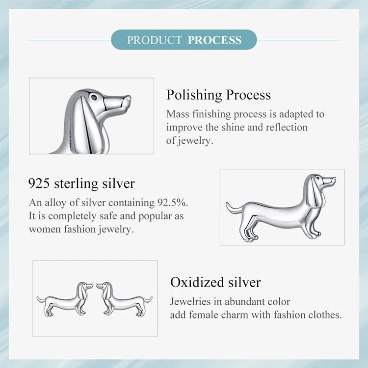 BISAER 925 Sterling Silver Cute Pet Dog Jewelry Set Dachshund Animal Stud Earrings Adjustable Rings for Women Lovely Party Gift