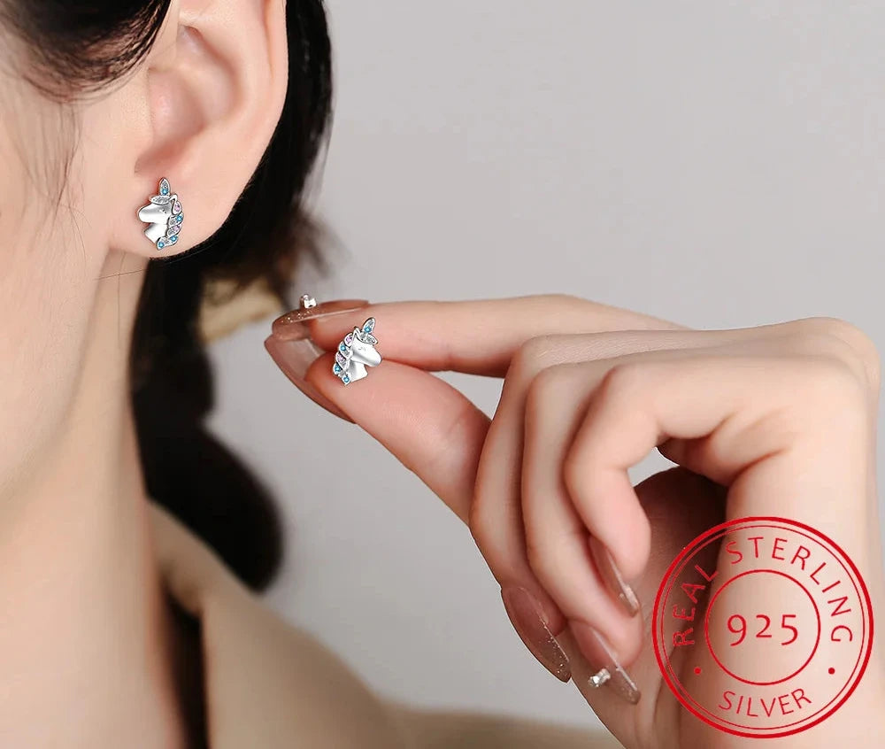 Real 925 Sterling Silver Cute Animal Unicorn Stud Earring For Women Daughter Girl Birthday Gift Fine Jewelry DS4501