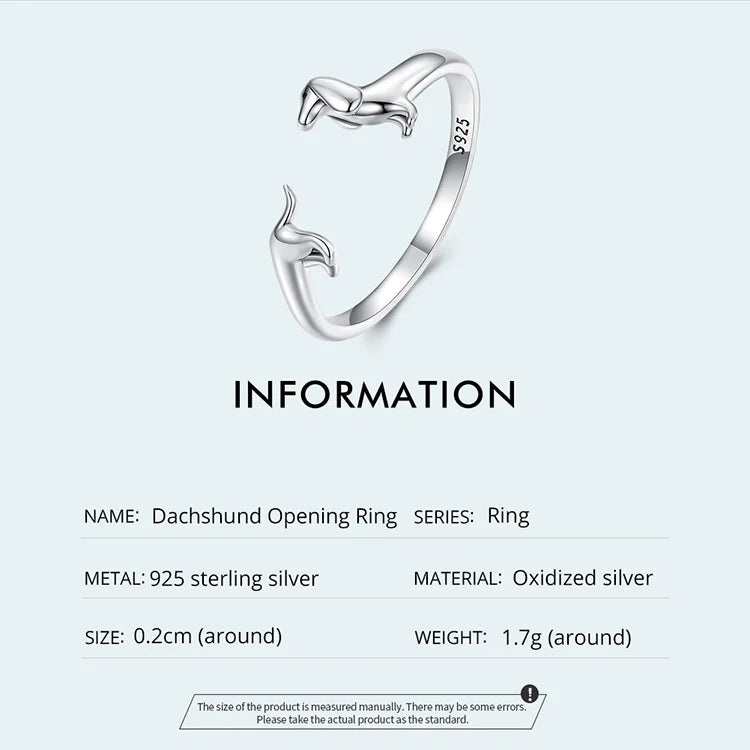 BISAER 925 Sterling Silver Cute Pet Dog Jewelry Set Dachshund Animal Stud Earrings Adjustable Rings for Women Lovely Party Gift