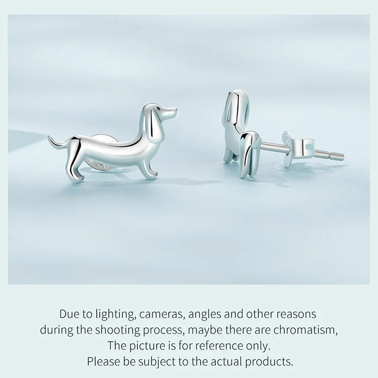 BISAER 925 Sterling Silver Cute Pet Dog Jewelry Set Dachshund Animal Stud Earrings Adjustable Rings for Women Lovely Party Gift