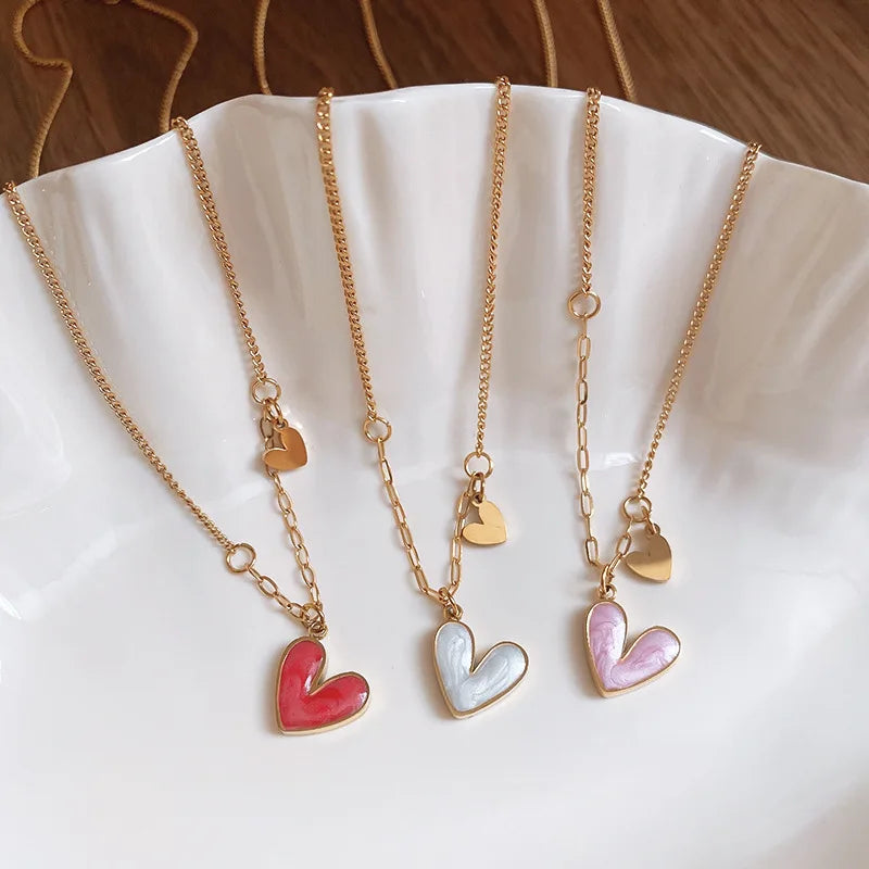 Stainless Steel Drip Oil Love Necklace for Women 2025 Korean Fashion Pendant Necklace Light Luxury Jewelry Girls Accessories