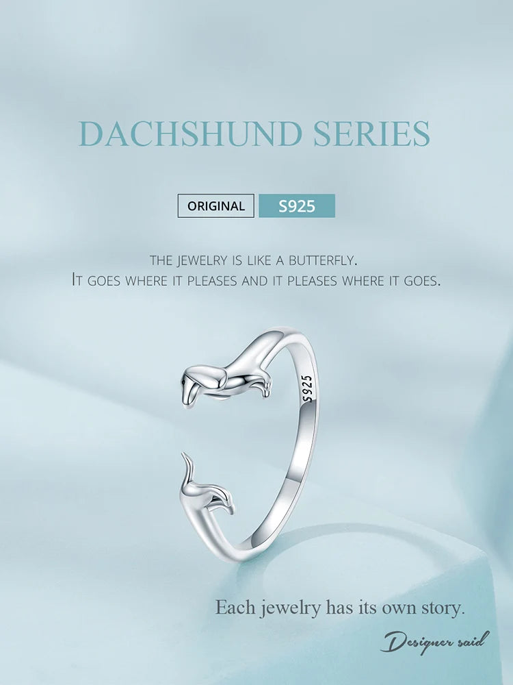 BISAER 925 Sterling Silver Cute Pet Dog Jewelry Set Dachshund Animal Stud Earrings Adjustable Rings for Women Lovely Party Gift
