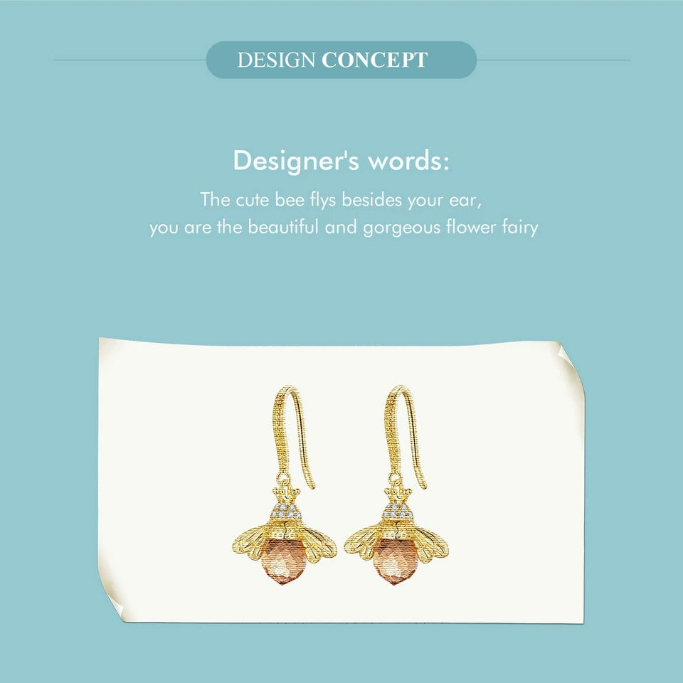Bamoer Hot Sale 925 Sterling Silver Yellow Bee Drop Earrings for Women Lovely Insect Earrings Fine Jewelry Gift SCE149