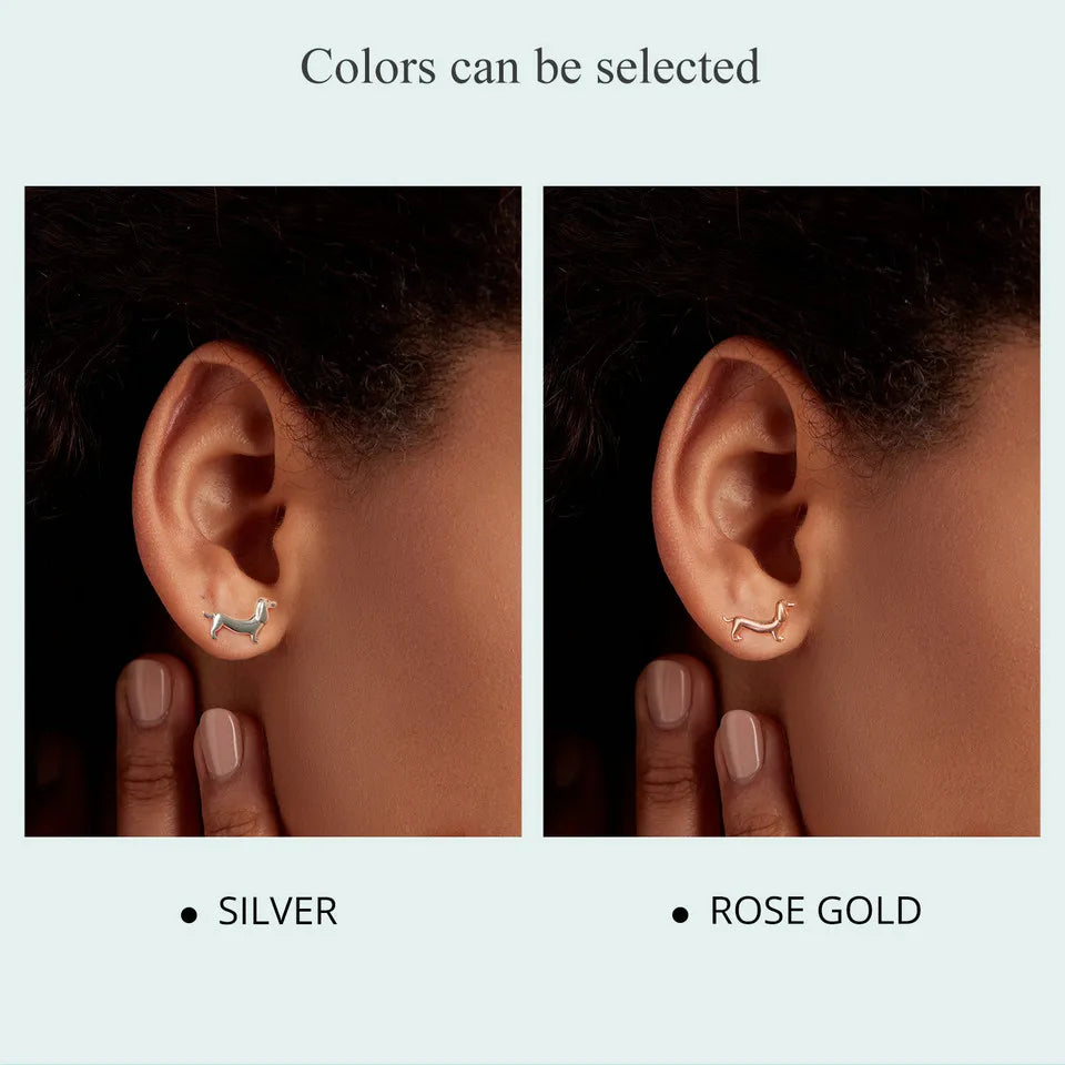 BISAER 925 Sterling Silver Cute Pet Dog Jewelry Set Dachshund Animal Stud Earrings Adjustable Rings for Women Lovely Party Gift
