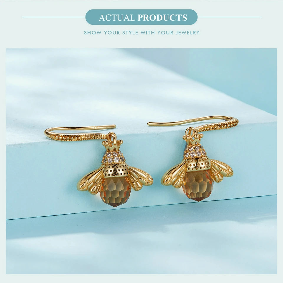Bamoer Hot Sale 925 Sterling Silver Yellow Bee Drop Earrings for Women Lovely Insect Earrings Fine Jewelry Gift SCE149