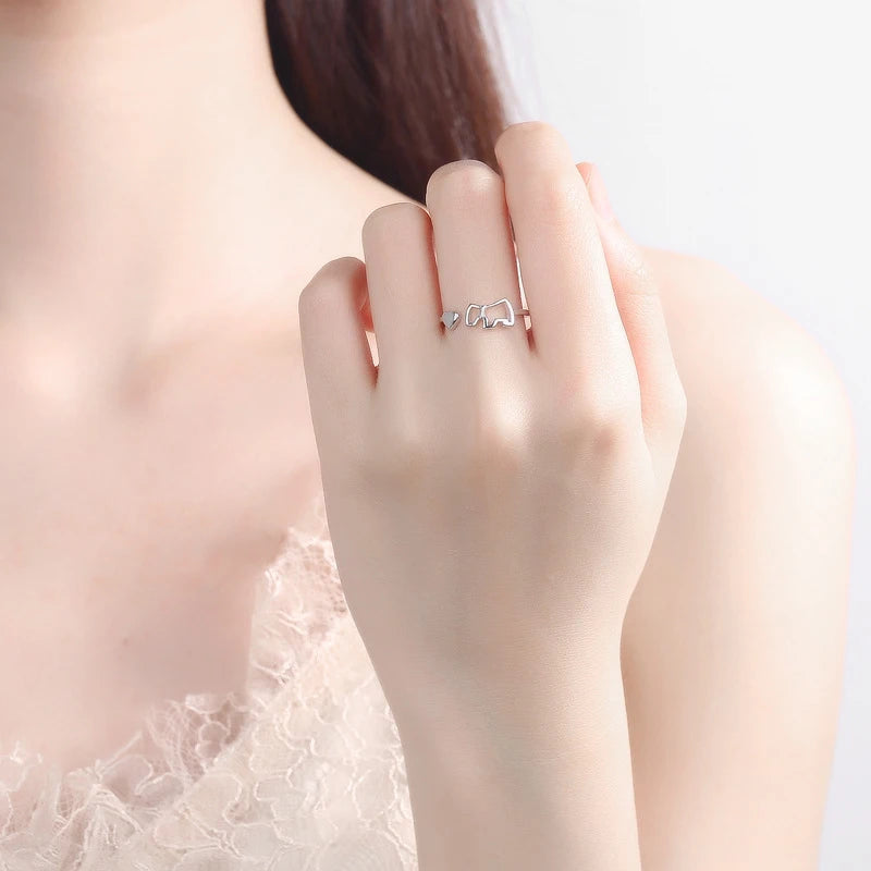 New Fashion 925 Sterling Silver Delicate Heart Pony Asymmetry Open Resizable Rings Women&Girl Exquisite Jewelry Finger Ring Gift